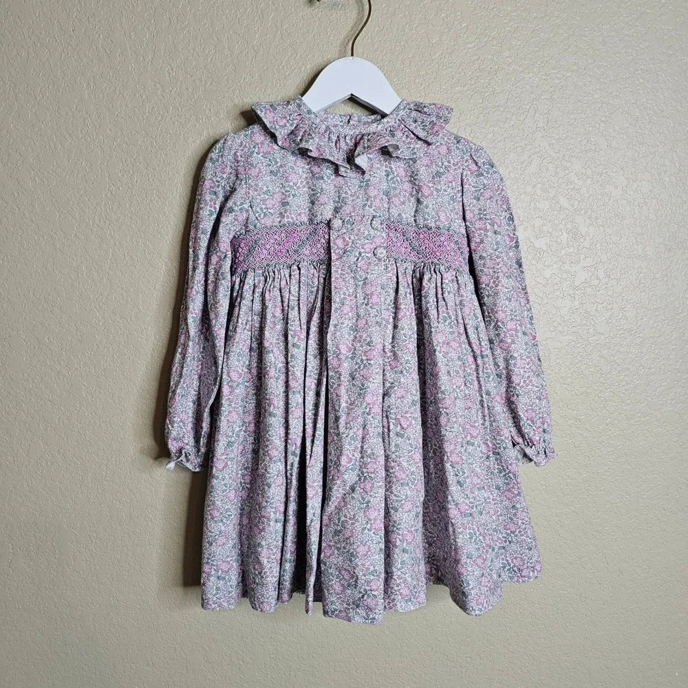 Pi&Pa Girls Floral Smocked Dress Pink Purple Long Sleeve Ruffle Collar Size 4